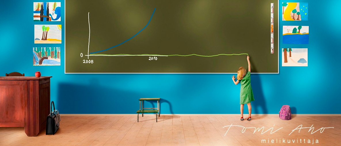 Tyttö piirtää liitutaudulle. Mielikuvittaja Tomi Aho