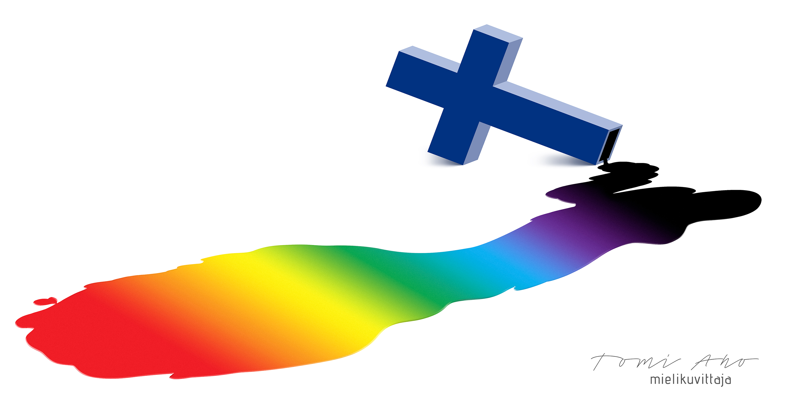 Suomen lippu, risti ja pride värilätättö Mielikuvittaja Tomi Ahon toteuttamana.