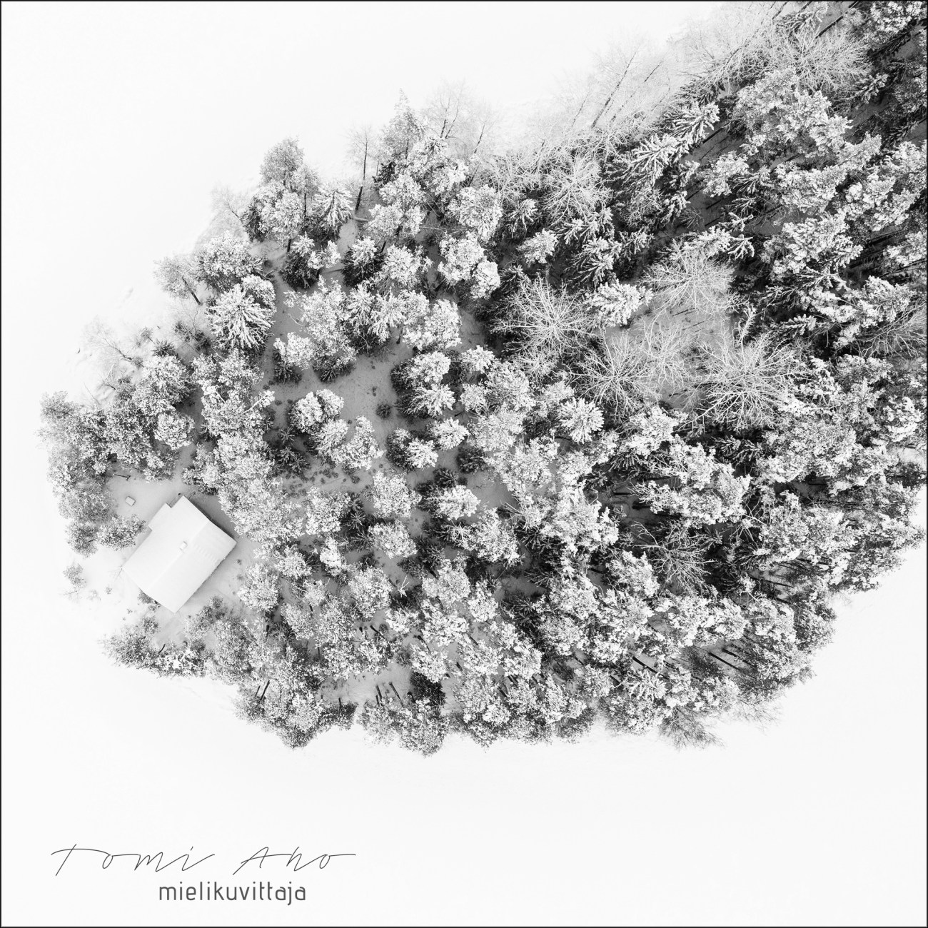 Dronekuva ylhäältä alas. Kuvassa osittain näkyvä saari muistuttaa Suomea muodoltaa. Mielikuvittaja Tomi Aho.