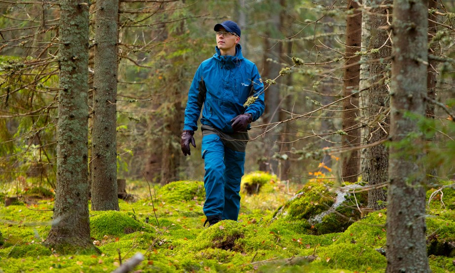 Metsägroup Viestin kuvassa mies käyskentelee metsässä, Mielikuvittaja Tomi Aho